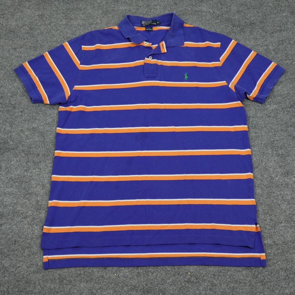 Polo Ralph Lauren Shirt Mens XL Blue Orange Striped Short Sleeve Pique Pony